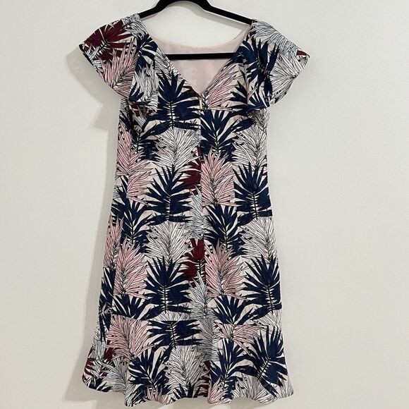 Karl Lagerfeld Mini Dress Size 2 White Blue Leaf Print Ruffle Sleeve Hem Texture - Picture 3 of 8